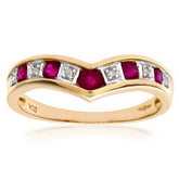 0.46ct Round Ruby and Diamond Pave Set Wishbone Eternity Ring in UK Hallmarked 9ct Yellow Gold